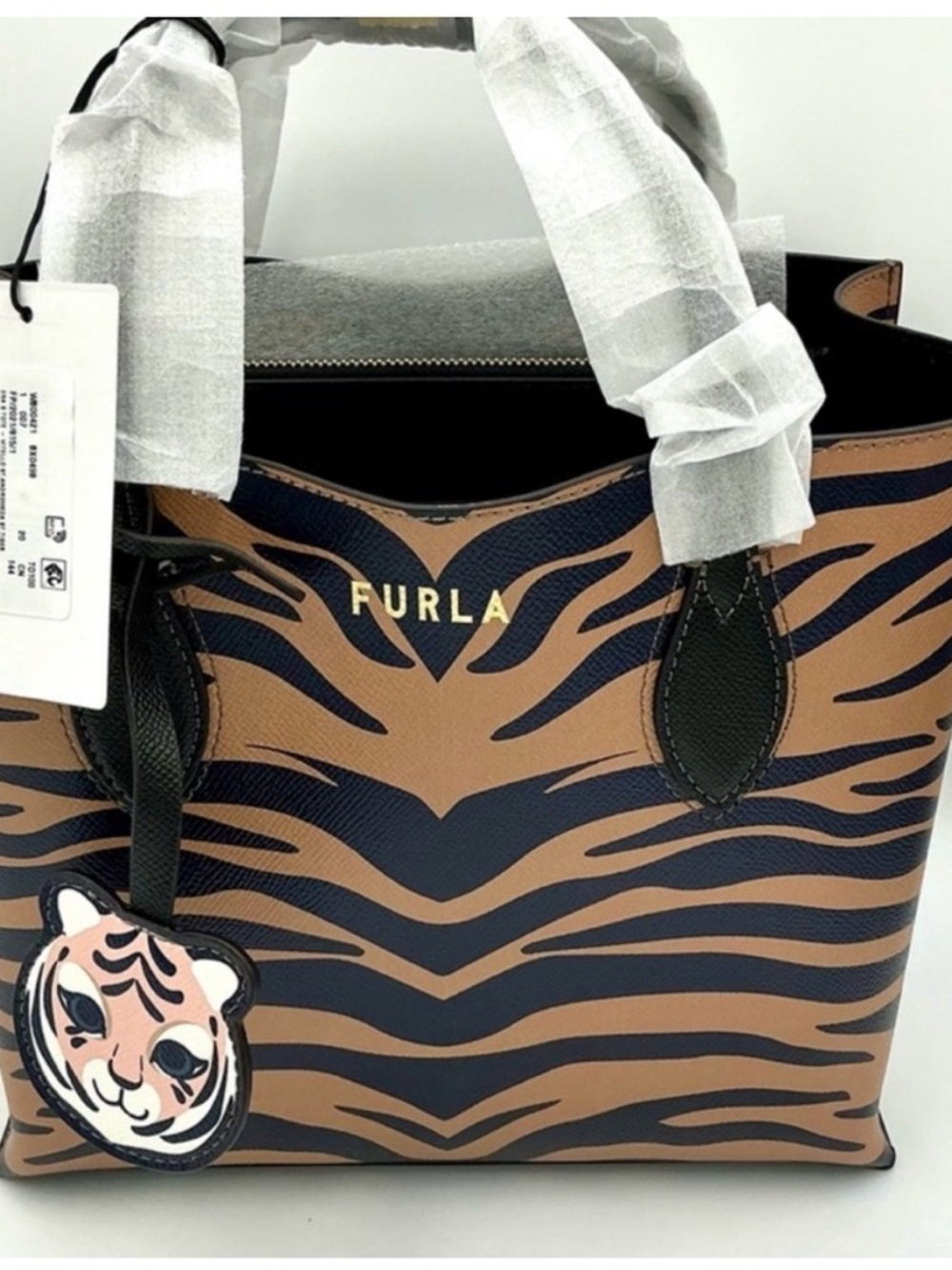 Furla Net Mini Tote Brown & Navy Tiger- Print Leather w/ Orig Tiger Charm NWT